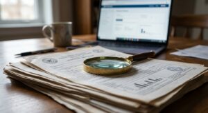 Close-up of official-looking documents and magnifying glass beside a laptop on a table.
