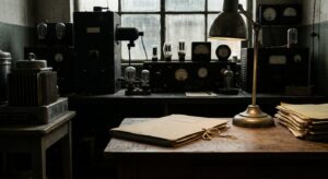 Vintage laboratory setup suggesting 1960s cryonics research context, with equipment silhouettes and a document folder.