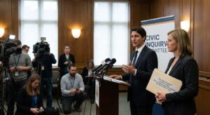 A press conference with an official speaking and researchers taking notes in the audience.