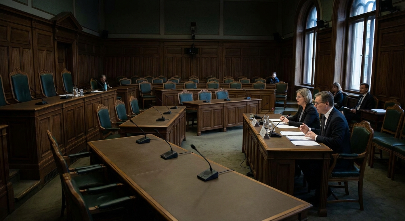 Empty hearing room with rows of seats and microphones, implying formal testimony and oversight.