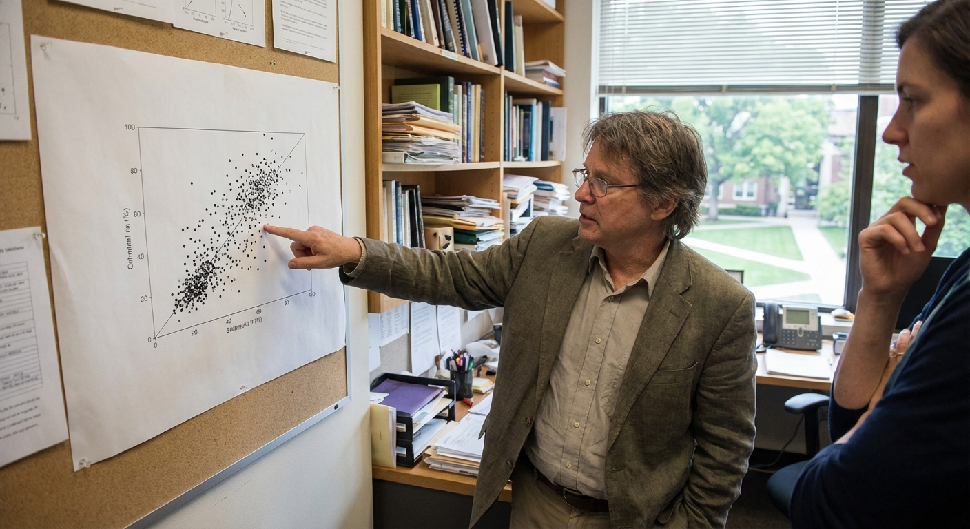 Academic in an office pointing to a large printed scatterplot on a wall during data review.