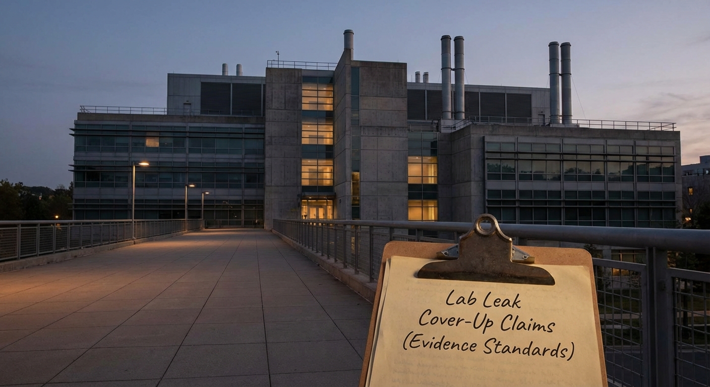 Empty campus view of a high‑containment lab at dusk, with a clipboard on a bench in foreground.