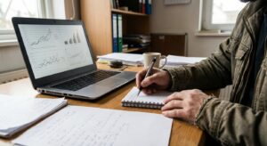 Analyst taking notes while reviewing documents and a laptop in a small office.