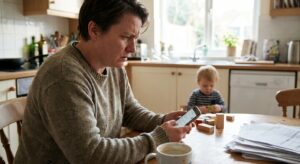 Parent at home checking a phone while a child plays, portraying private concern and research.