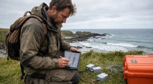 Field seismologist checking sensor data on a tablet beside instruments with a coastline background.