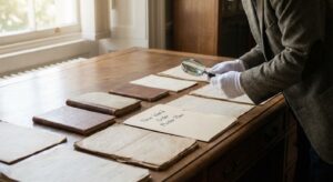 Researcher at desk reviewing historical documents and a printed speech in natural window light.