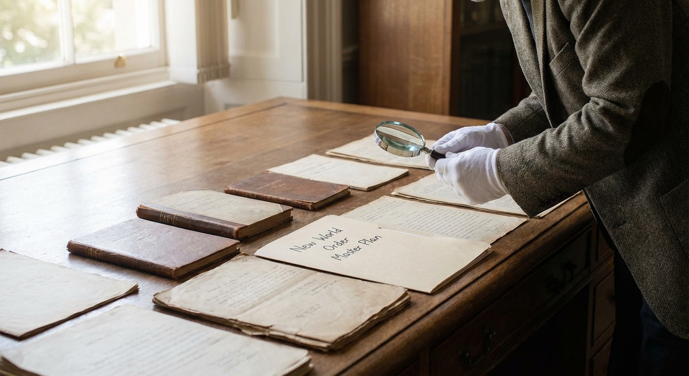 Researcher at desk reviewing historical documents and a printed speech in natural window light.