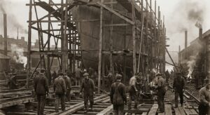 A historic-style shipyard scene showing a large steel hull in a slipway with scaffolding and workers.
