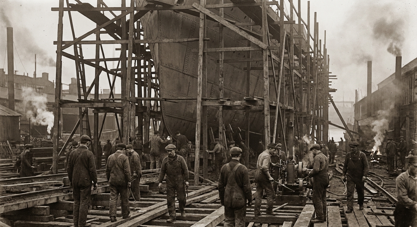A historic-style shipyard scene showing a large steel hull in a slipway with scaffolding and workers.