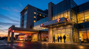 Hospital entrance photographed at dusk to represent medical records context in the Tupac claims analysis.