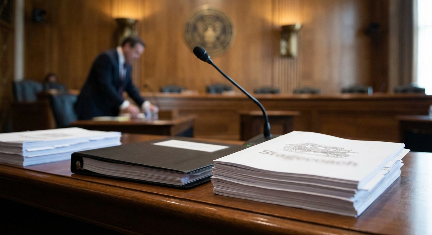 Courtroom table with microphone and legal documents, implying a high-profile banking oversight hearing.