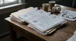 Stack of printed regulatory and legal documents on a table, implying enforcement actions.