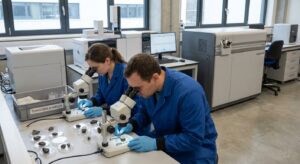 Scientists inspecting small rock fragments in a contemporary geochemistry lab, microscopes and sample trays visible.