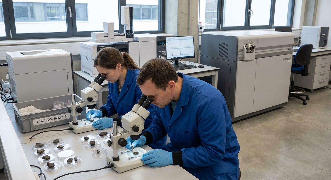 Scientists inspecting small rock fragments in a contemporary geochemistry lab, microscopes and sample trays visible.