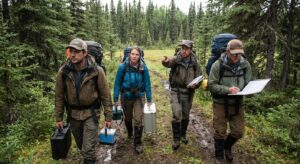 Field team walking through a taiga clearing toward an area of downed trees with sampling gear.