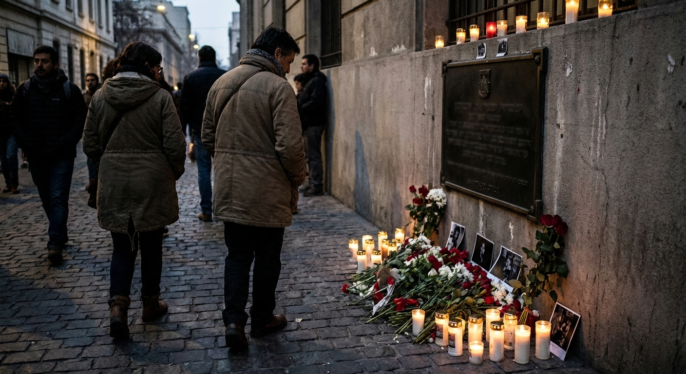 Dusk photo of a memorial area in Santiago with candles and flowers, documentary tone.