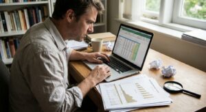 Analyst at desk studying spreadsheets and printed gold-market charts, natural desk lighting.