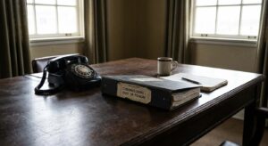 Conference table with vintage telephone, government binder, and coffee cup suggesting archival research.