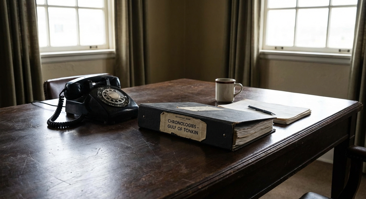 Conference table with vintage telephone, government binder, and coffee cup suggesting archival research.