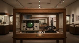 Museum exhibit with a vintage sonar/radar display and naval radio handset, soft lighting.
