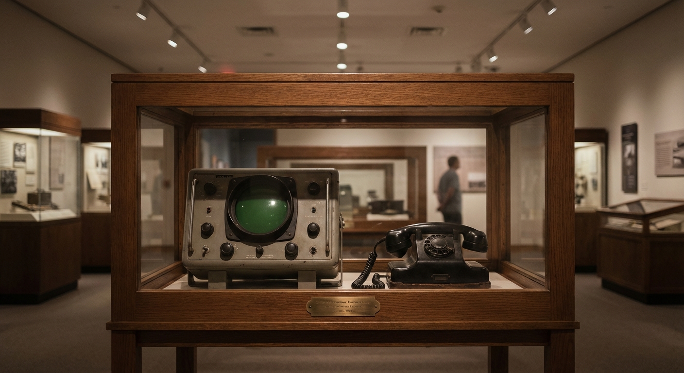 Museum exhibit with a vintage sonar/radar display and naval radio handset, soft lighting.