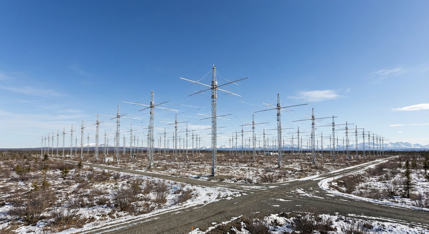A wide-angle view of the HAARP antenna array and surrounding landscape in Alaska, showing metal towers and open tundra.