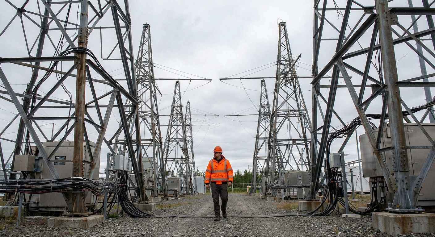 Technician walks between several HAARP-style crossed-dipole antennas in a remote field.