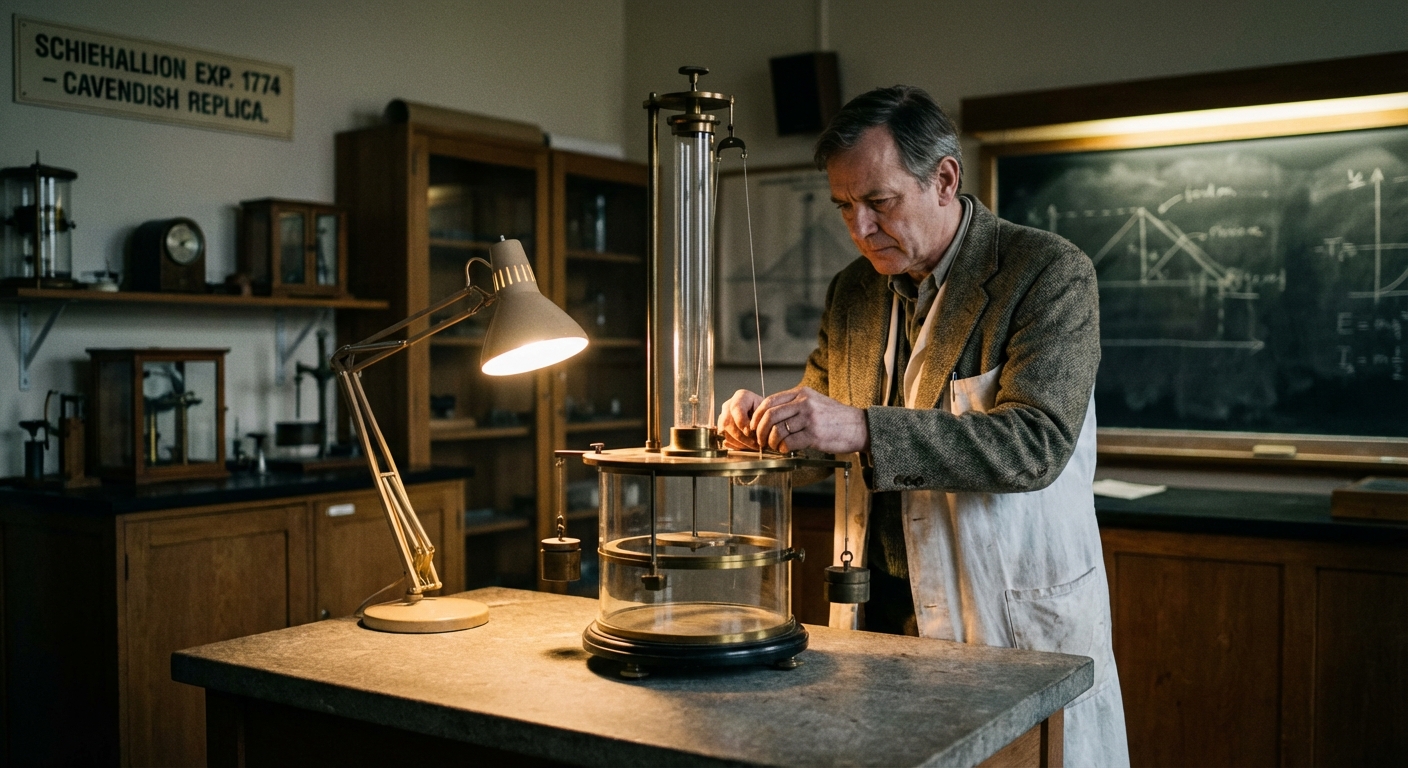 Scientist conducting a torsion-balance gravity experiment in a lab, equipment on a bench under focused lighting.