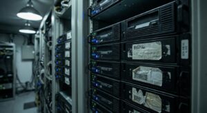 Server racks and backup drives in a data-archive room implying digital preservation and timestamps.