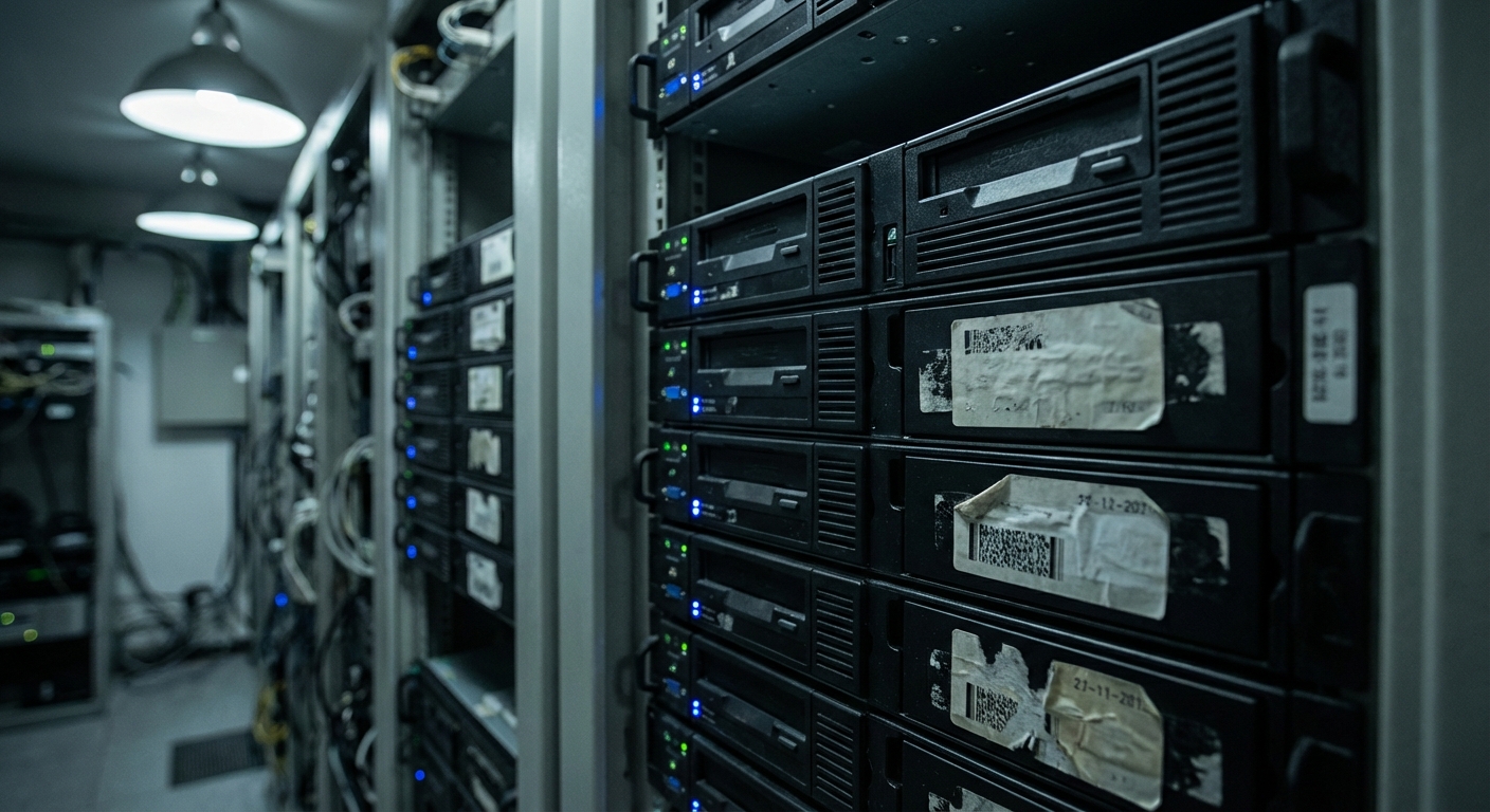 Server racks and backup drives in a data-archive room implying digital preservation and timestamps.
