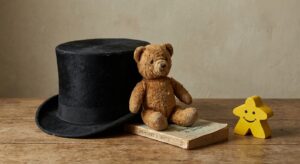 Still life of neutral objects referencing pop culture icons: top hat, plush bear, board‑game piece, neutral backdrop, no logos or text.