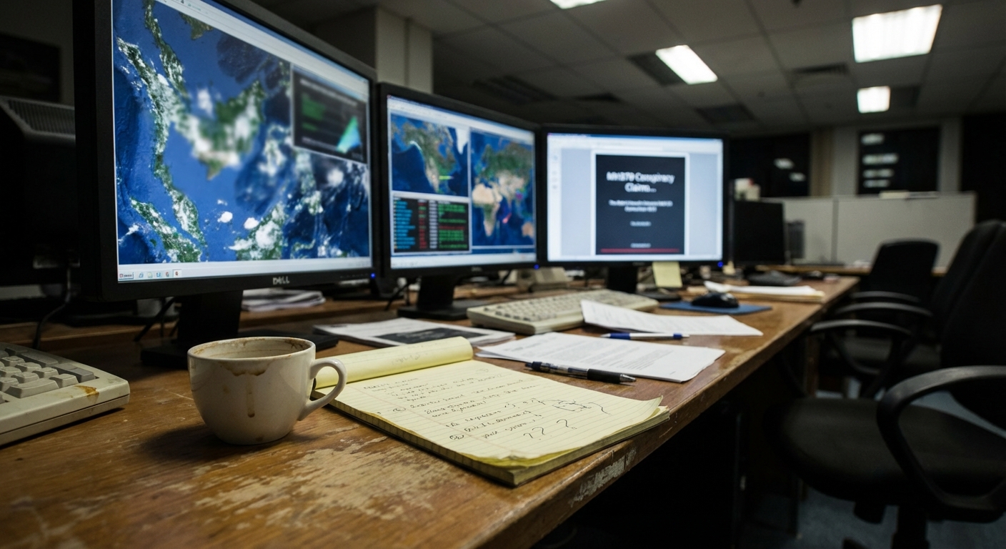 Journalist's desk with blurred satellite maps, data visualizations and notes during investigation.