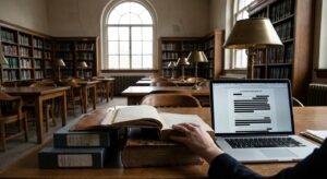 A researcher’s workspace in an archive, open books and a laptop with a redacted document image visible.