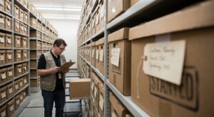 Archival records center with staff cataloging boxes on shelving in a documentary-style image.
