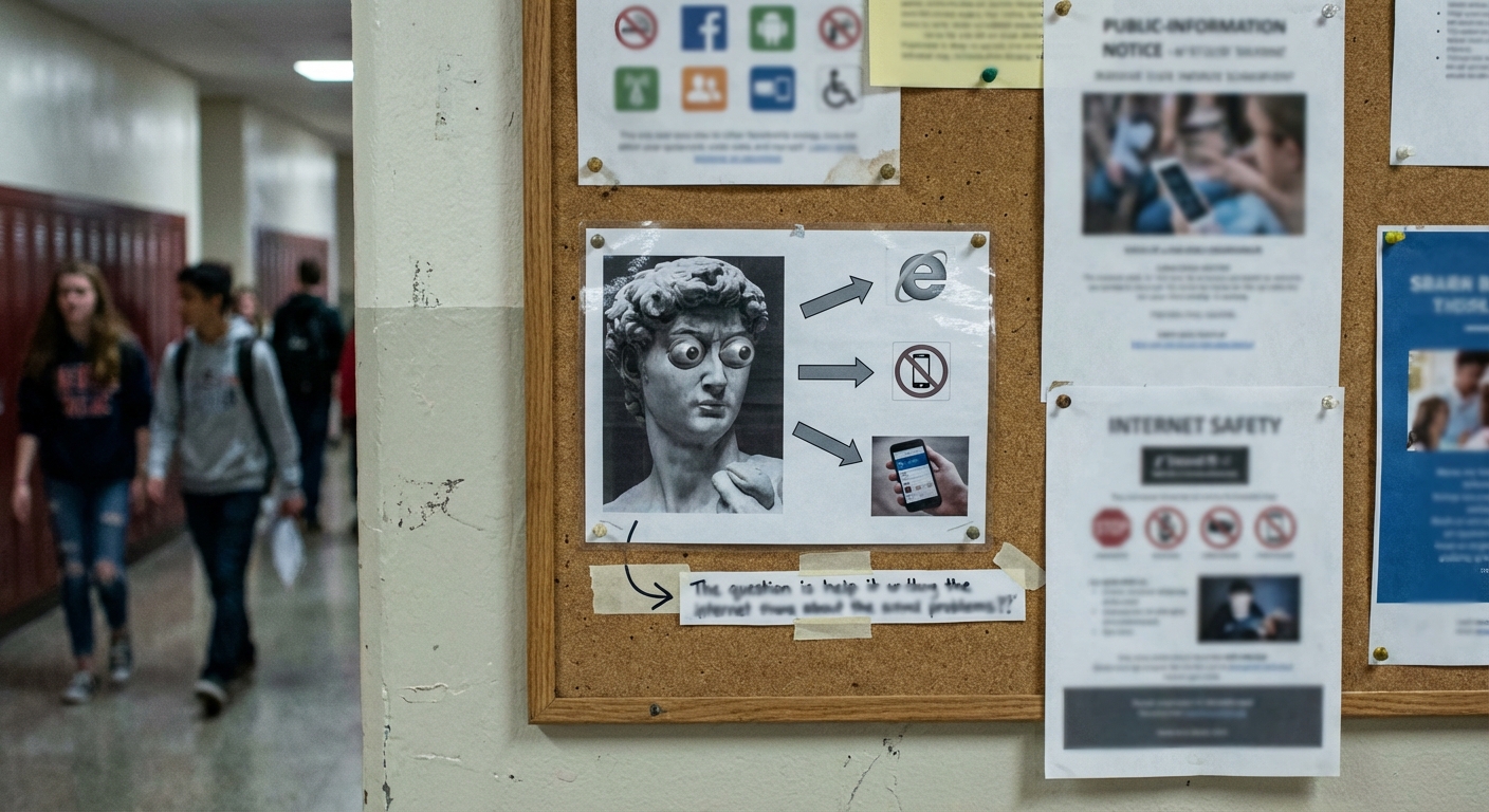 School corridor notice board with laminated online-safety advice sheets and a calm, institutional atmosphere.