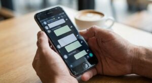 Close-up of hands holding a smartphone with blurred message bubbles in soft focus.
