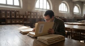 Researcher at an archive table examining declassified Gladio files in natural light.
