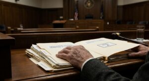 Judge or magistrate hands on court documents in a courtroom, evoking judicial inquiry.