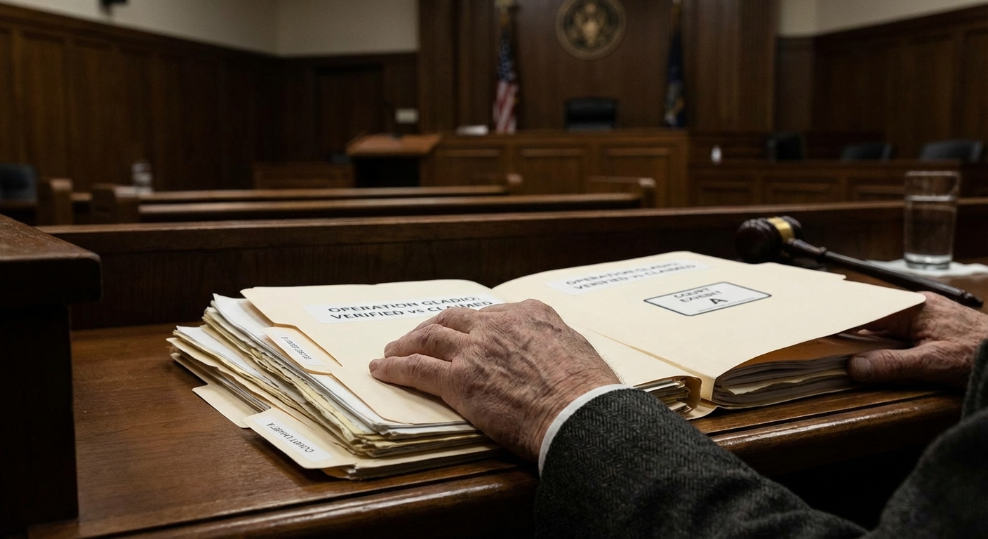 Judge or magistrate hands on court documents in a courtroom, evoking judicial inquiry.