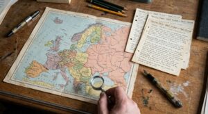 Map of Europe on a desk with a magnifying glass and markers to evoke Cold War-era network research.