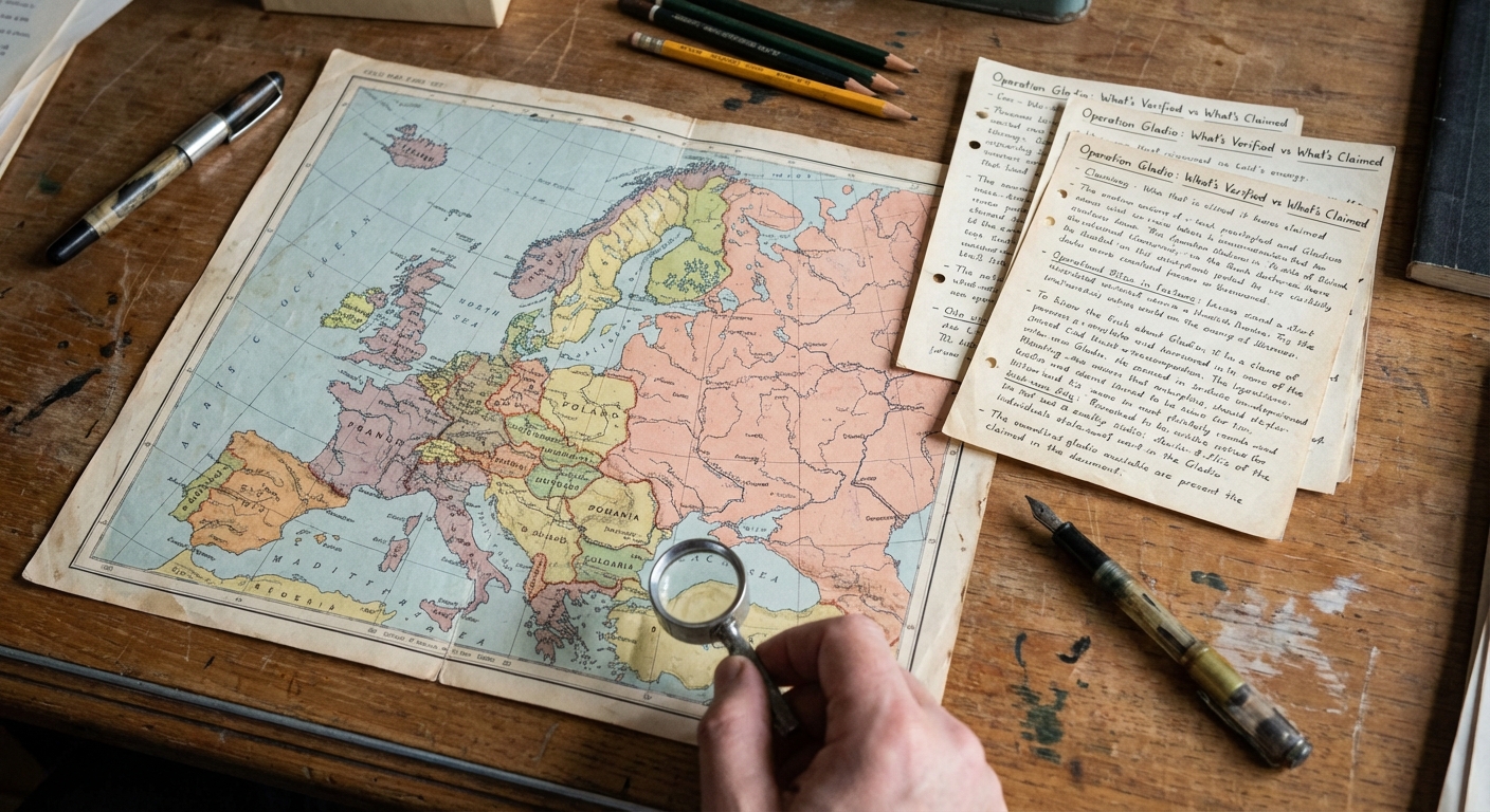 Map of Europe on a desk with a magnifying glass and markers to evoke Cold War-era network research.
