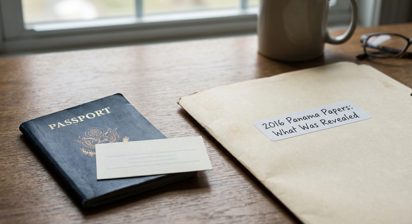 Desk with passport, non-branded card, and a closed manila folder suggesting document review.