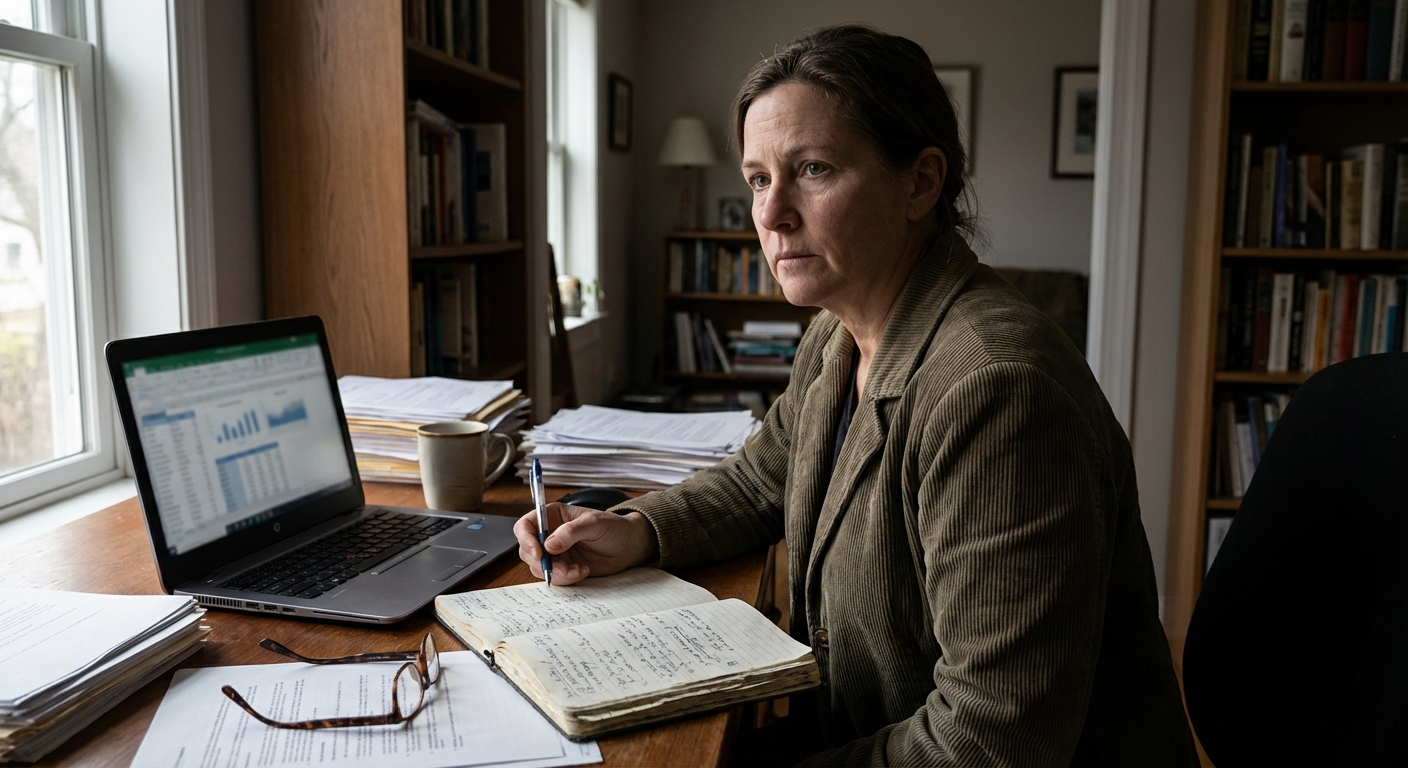 Investigative journalist at desk with notebook and laptop displaying blurred data, documentary feel.