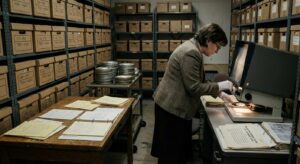 Researcher using a microfilm reader amid archival boxes and documents in a records room.