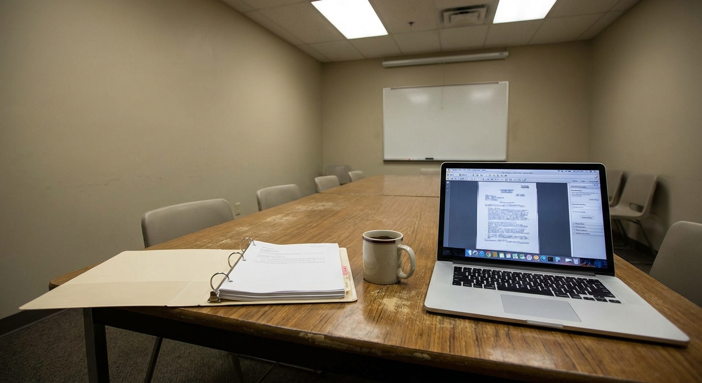 Conference-style workspace with government reports, laptop, and coffee, suggesting archival analysis.