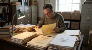 Researcher examining declassified Project Stargate folders and printouts on a desk in an office.