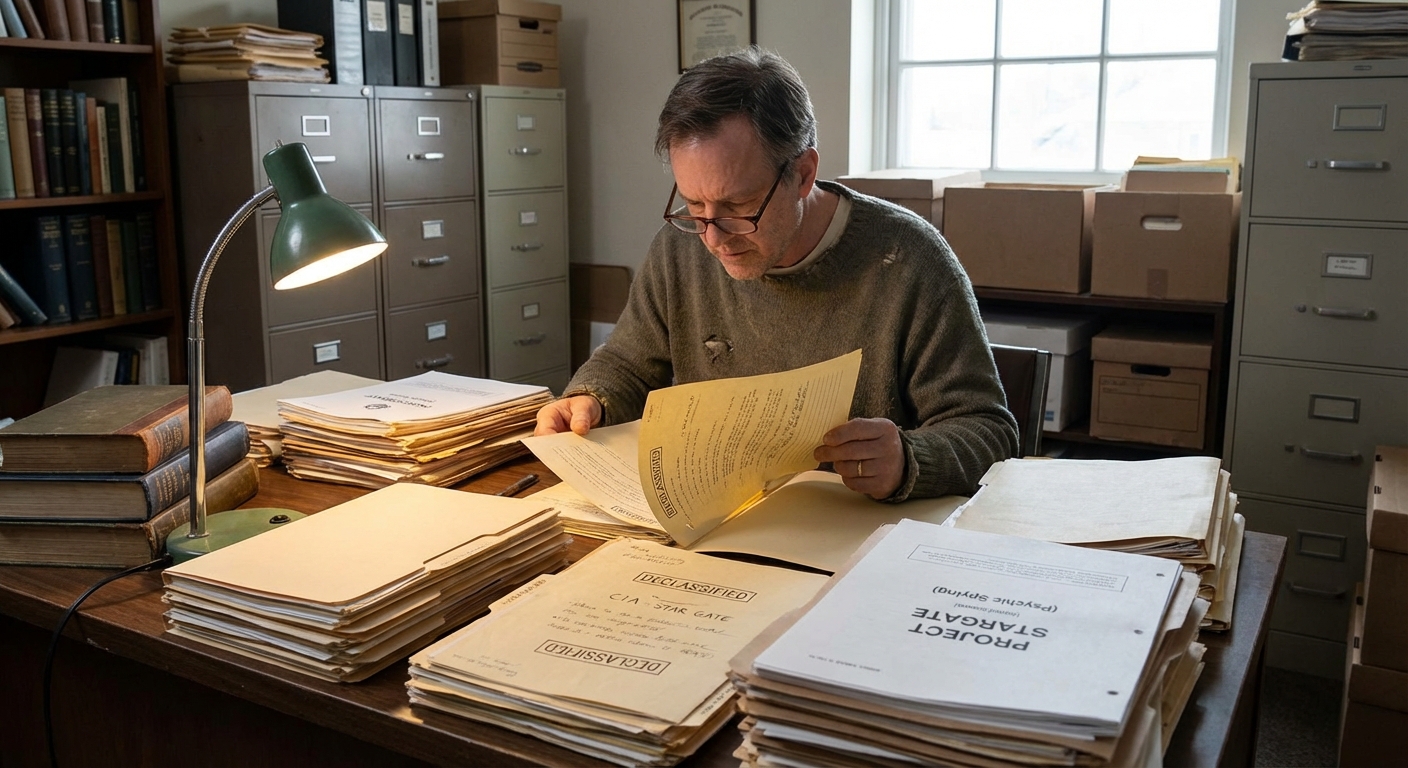 Researcher examining declassified Project Stargate folders and printouts on a desk in an office.