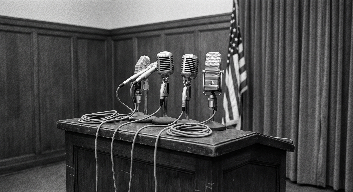 Empty press conference podium with vintage microphones in a plain government hearing room, mid-century aesthetic.