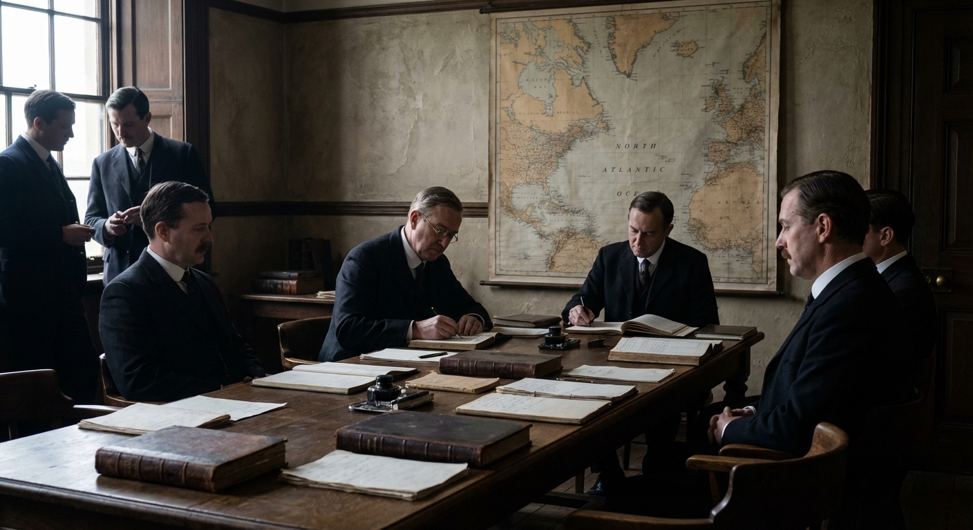 A 1912-style maritime inquiry hearing room with officials in period suits and documents on the table.