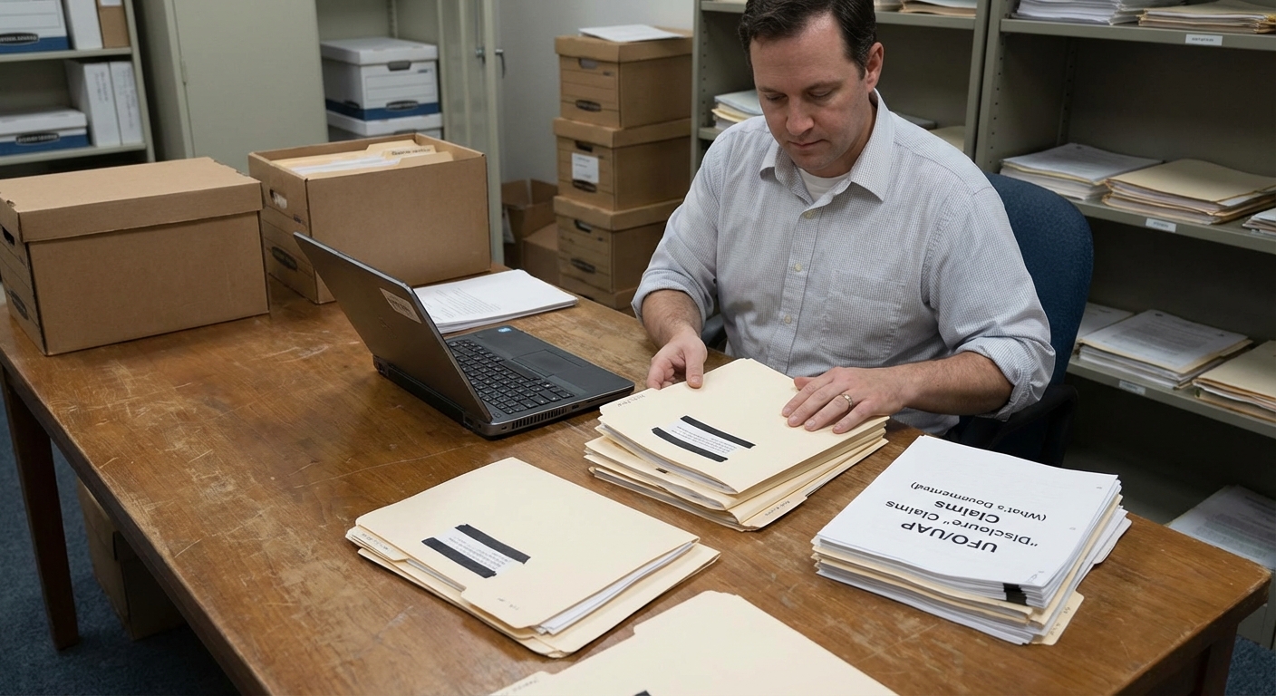 A researcher studying declassified folders and printed reports under soft institutional lighting.